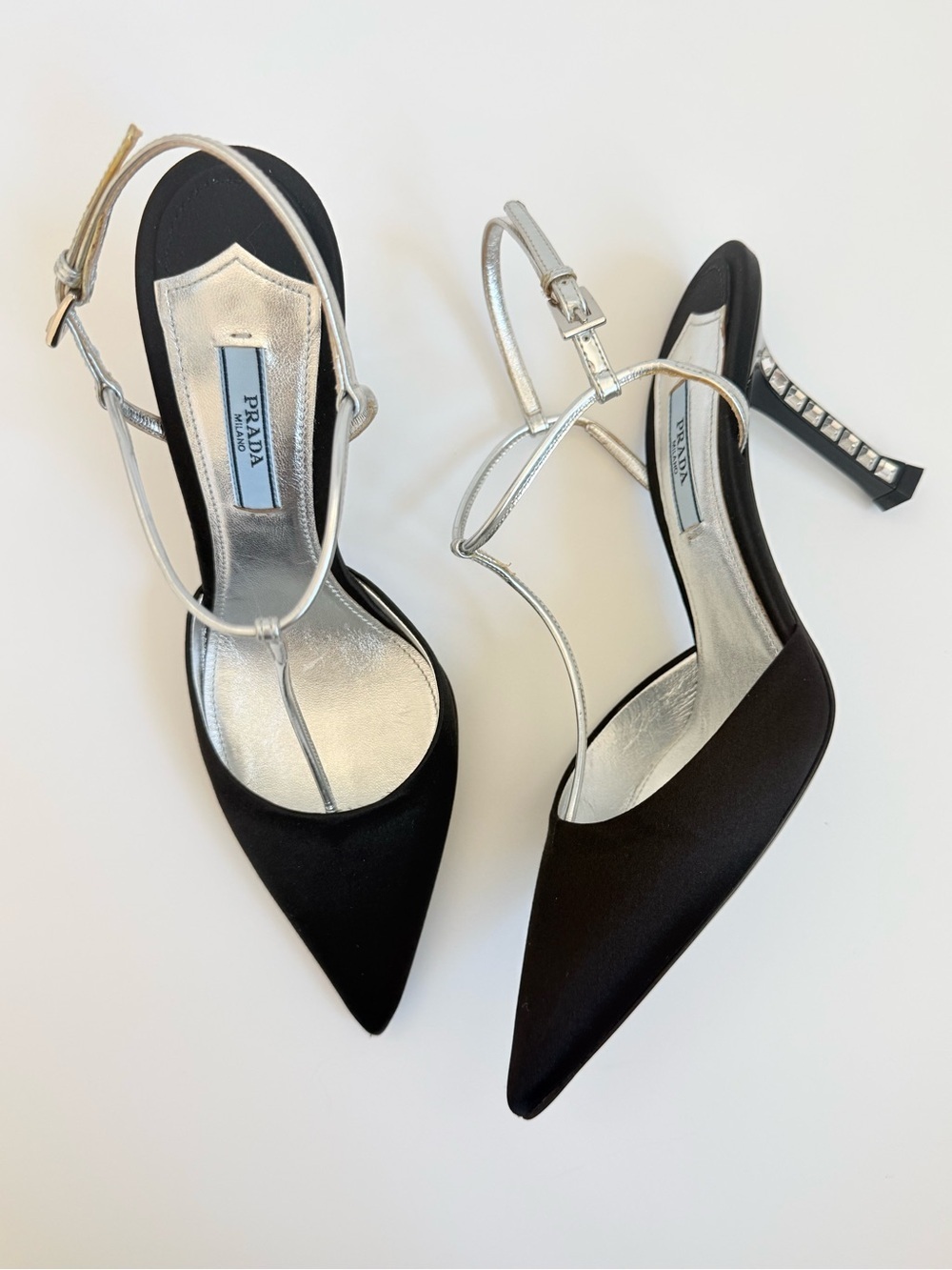 NEW Prada Crystal Heel Satin T-Strap Pumps EU 38 Black Silver Pointed Toe